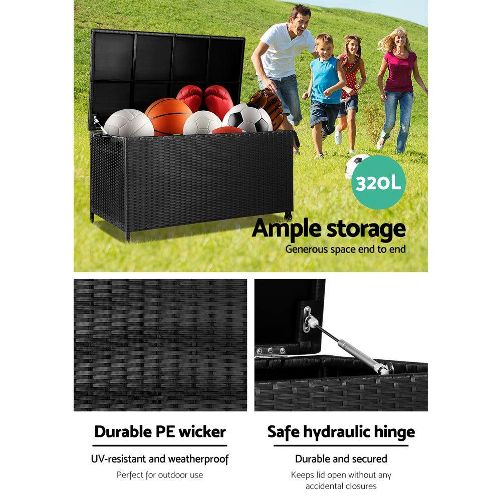 Gardeon 320L Outdoor Wicker Storage Box - Black - John Cootes