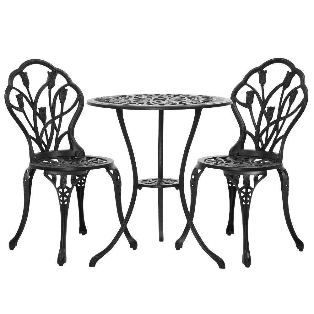 Gardeon 3PC Outdoor Setting Cast Aluminium Bistro Table Chair Patio Black - John Cootes