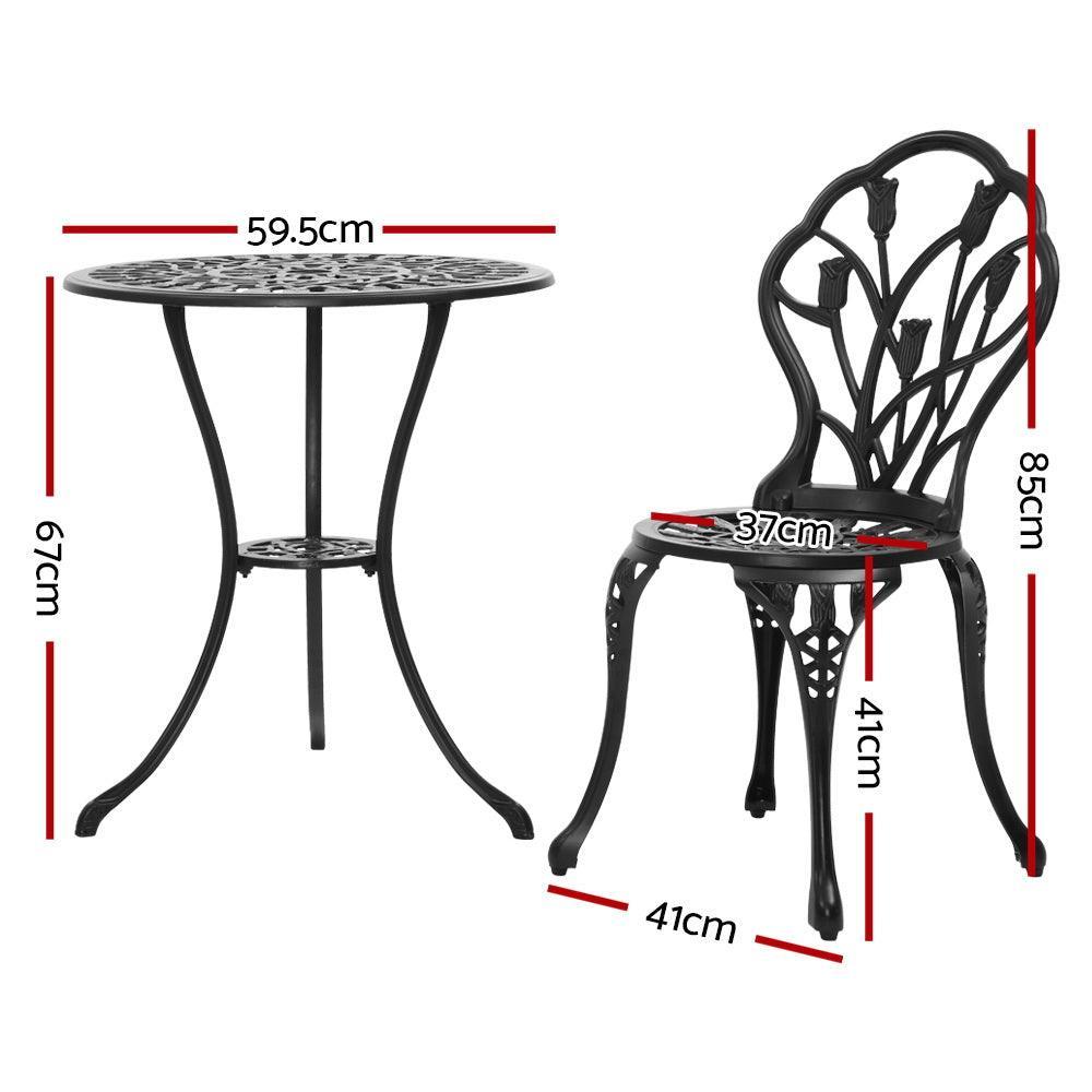 Gardeon 3PC Outdoor Setting Cast Aluminium Bistro Table Chair Patio Black - John Cootes