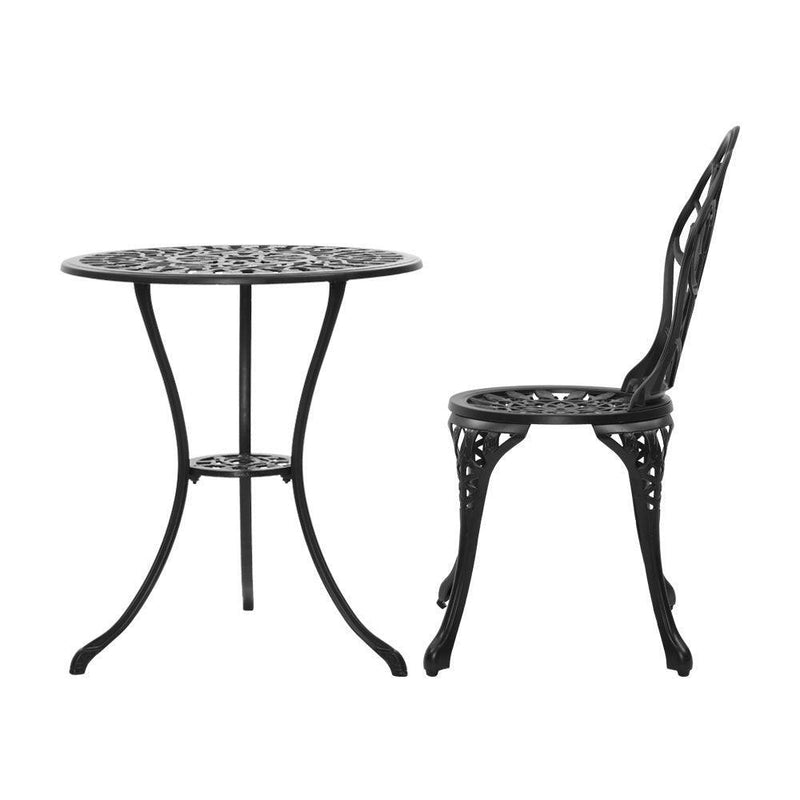 Gardeon 3PC Outdoor Setting Cast Aluminium Bistro Table Chair Patio Black - John Cootes