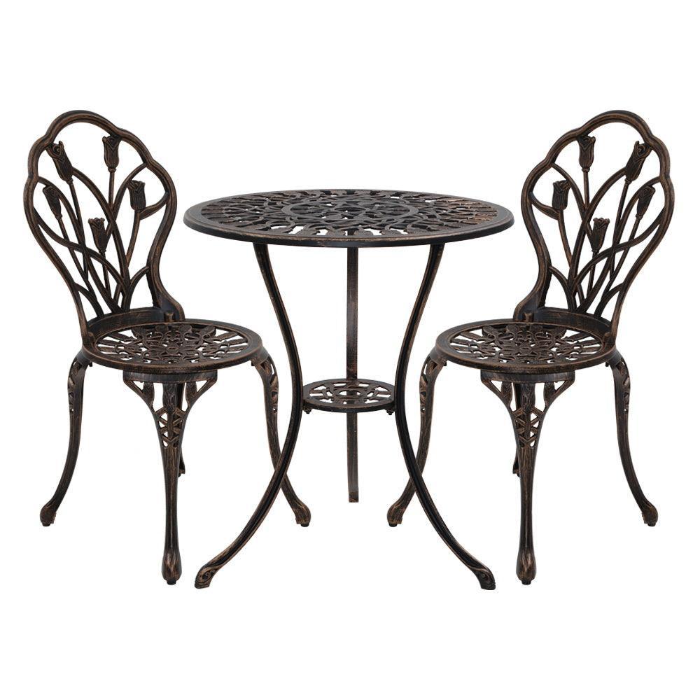 Gardeon 3PC Outdoor Setting Cast Aluminium Bistro Table Chair Patio Bronze - John Cootes