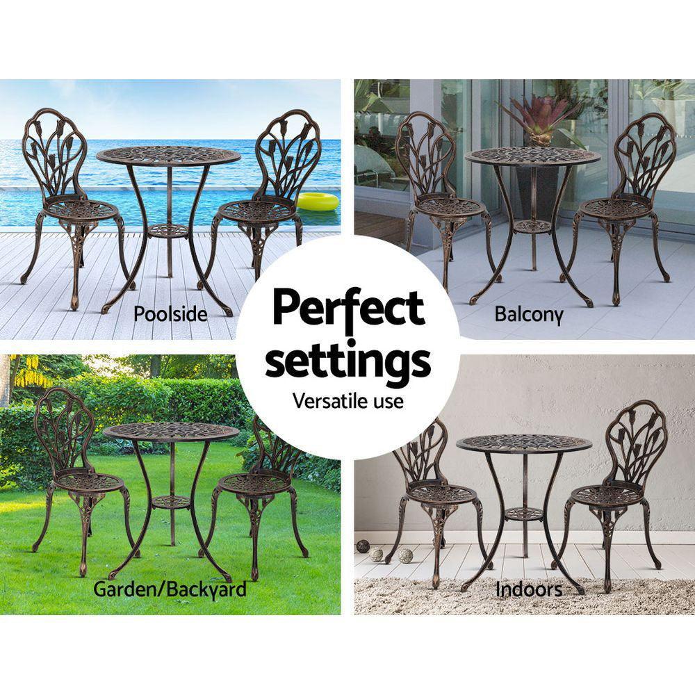 Gardeon 3PC Outdoor Setting Cast Aluminium Bistro Table Chair Patio Bronze - John Cootes