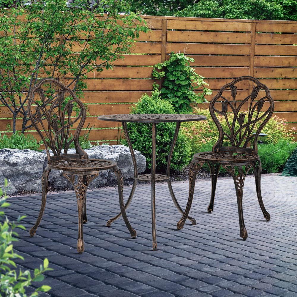 Gardeon 3PC Outdoor Setting Cast Aluminium Bistro Table Chair Patio Bronze - John Cootes