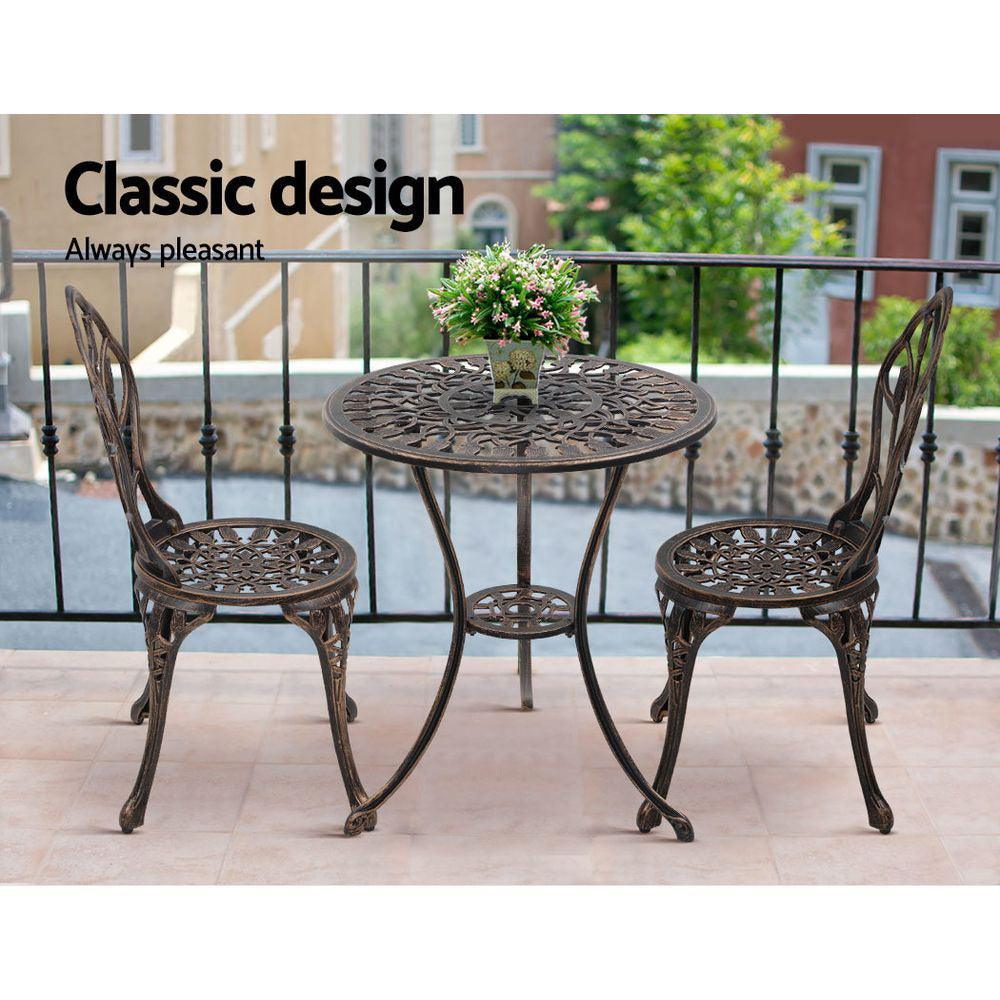 Gardeon 3PC Outdoor Setting Cast Aluminium Bistro Table Chair Patio Bronze - John Cootes