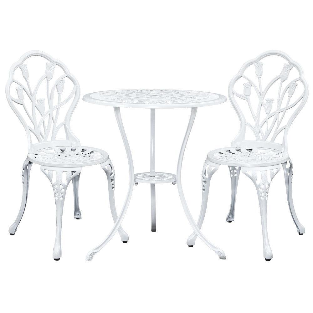 Gardeon 3PC Outdoor Setting Cast Aluminium Bistro Table Chair Patio White - John Cootes