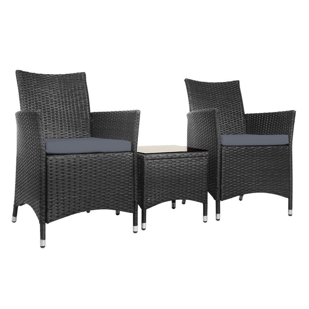 Gardeon 3pc Rattan Bistro Wicker Outdoor Furniture Set Black - John Cootes