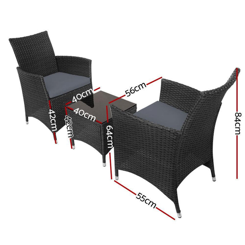 Gardeon 3pc Rattan Bistro Wicker Outdoor Furniture Set Black - John Cootes