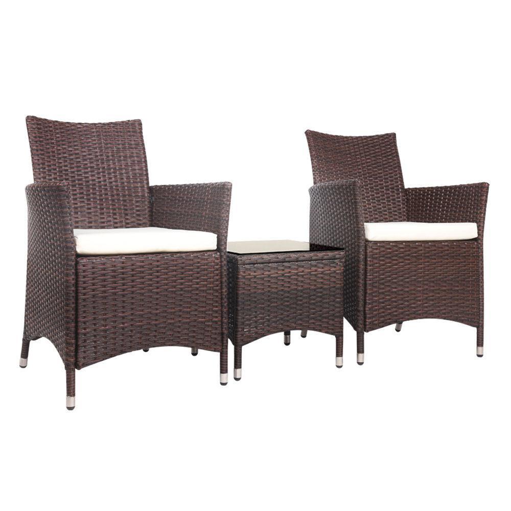 Gardeon 3pc Rattan Bistro Wicker Outdoor Furniture Set Brown - John Cootes