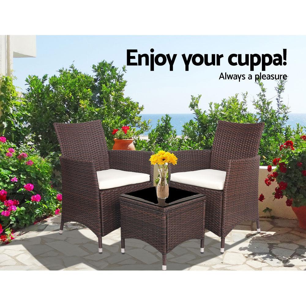 Gardeon 3pc Rattan Bistro Wicker Outdoor Furniture Set Brown - John Cootes