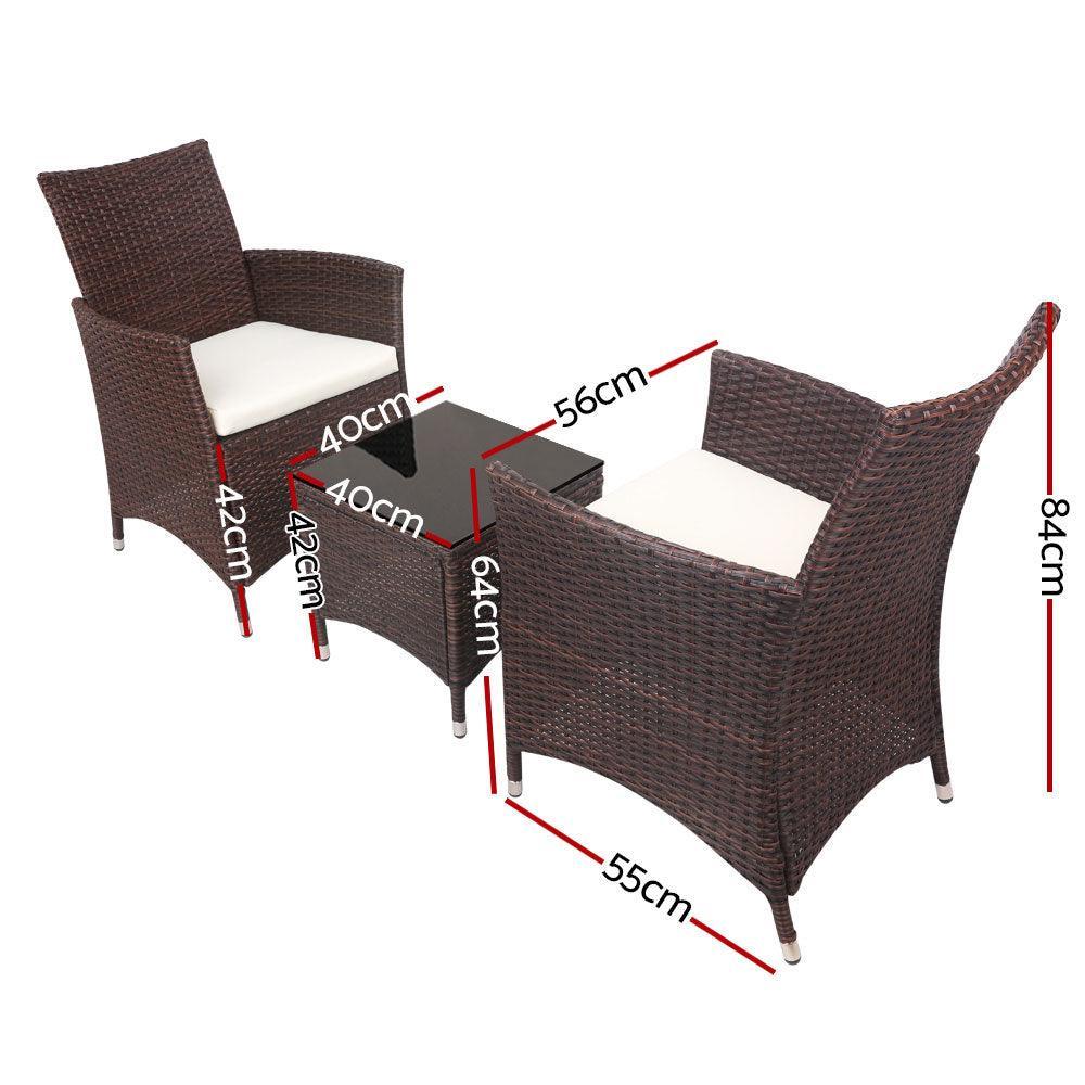 Gardeon 3pc Rattan Bistro Wicker Outdoor Furniture Set Brown - John Cootes