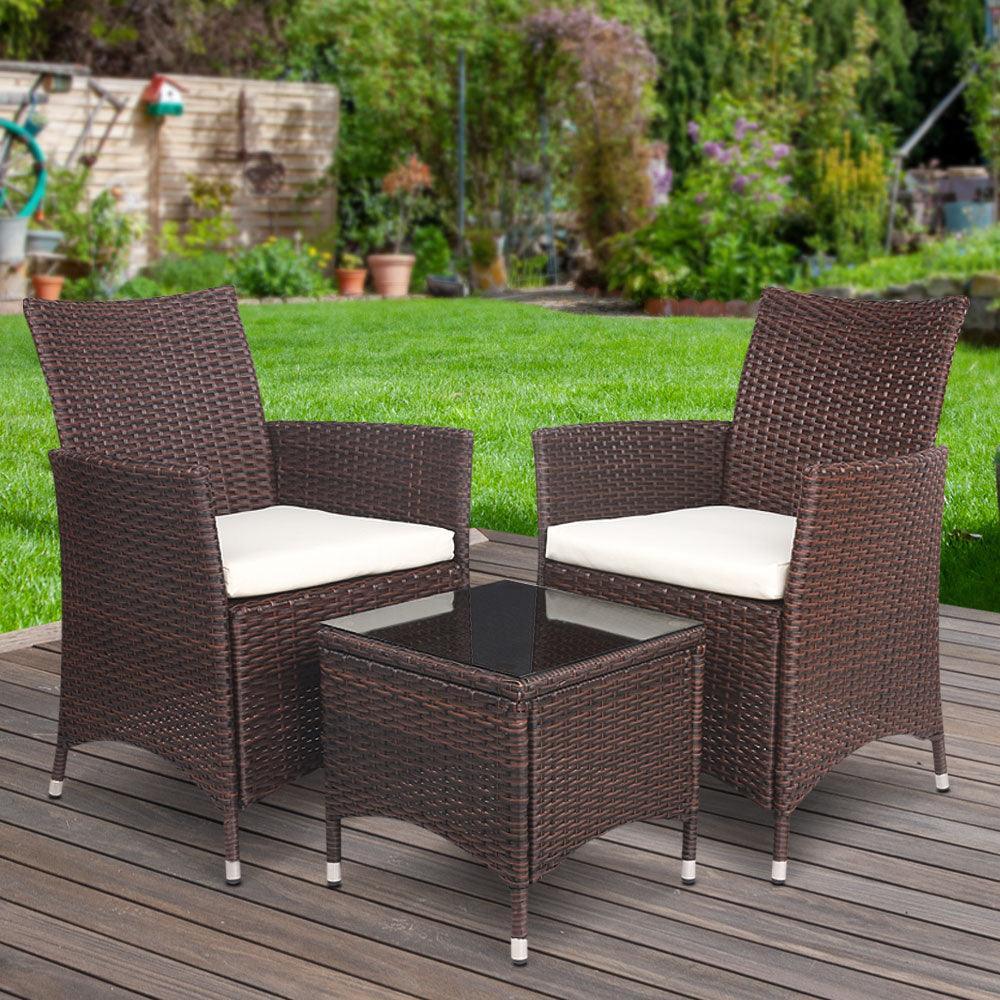 Gardeon 3pc Rattan Bistro Wicker Outdoor Furniture Set Brown - John Cootes