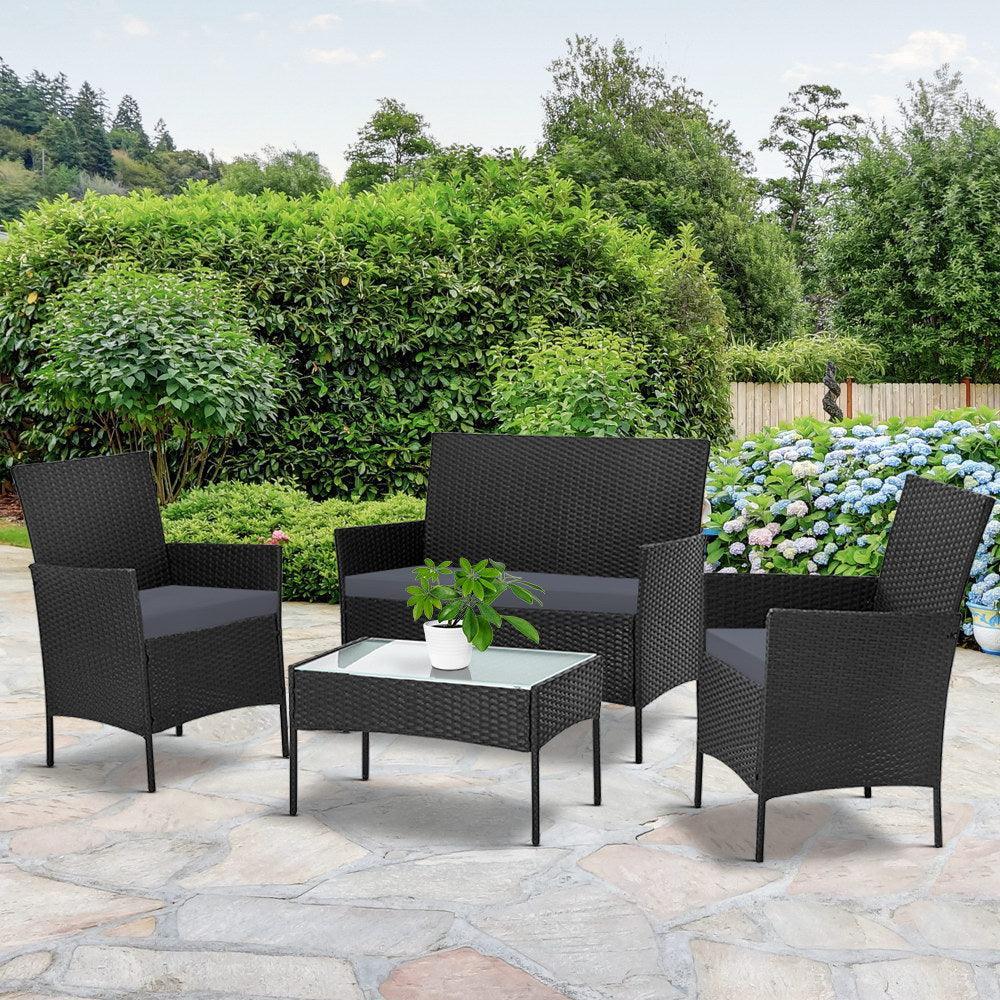 Gardeon 4-piece Outdoor Lounge Setting Wicker Patio Furniture Dining Set Black - John Cootes