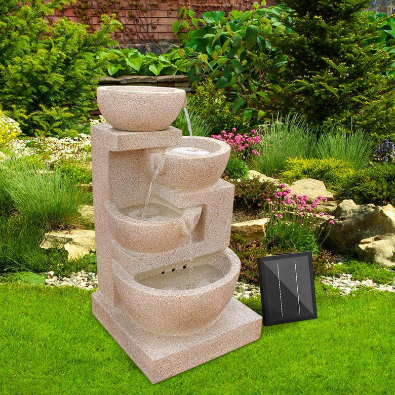 Gardeon 4 Tier Solar Powered Water Fountain with Light - Sand Beige - John Cootes