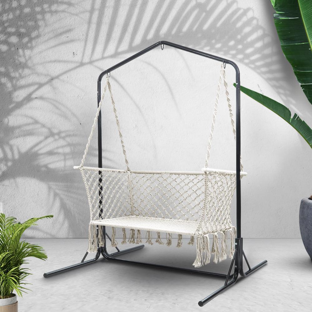 Gardeon Double Swing Hammock Chair with Stand Macrame Outdoor Bench Seat Chairs - John Cootes