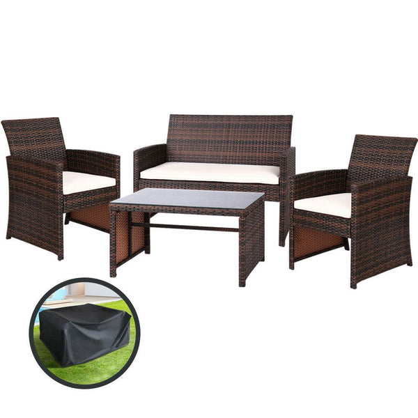 Gardeon Garden Furniture Outdoor Lounge Setting Wicker Sofa Set Storage Cover Brown - John Cootes