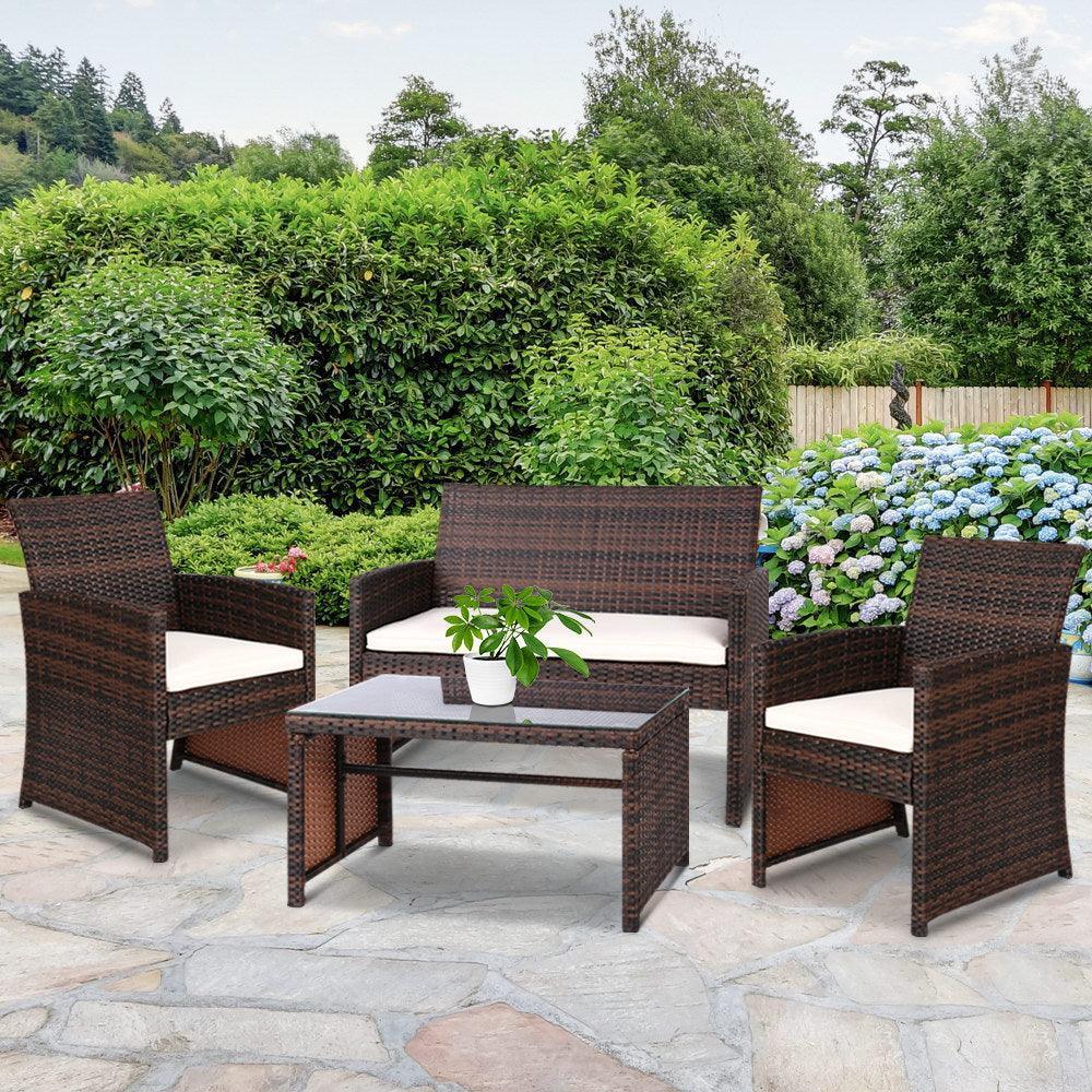 Gardeon Garden Furniture Outdoor Lounge Setting Wicker Sofa Set Storage Cover Brown - John Cootes