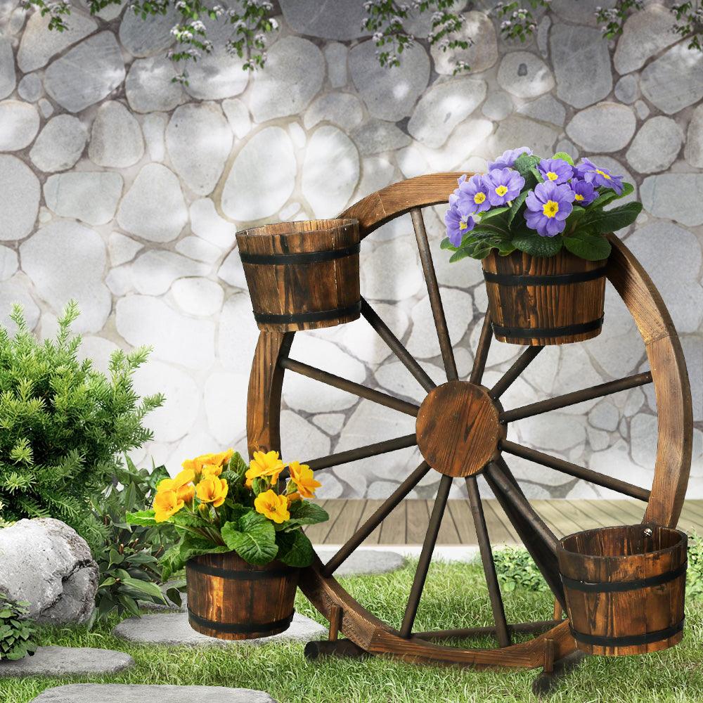 Gardeon Garden Ornaments Decor Wooden Wagon Wheel Rustic Outdoor Planter flower - John Cootes