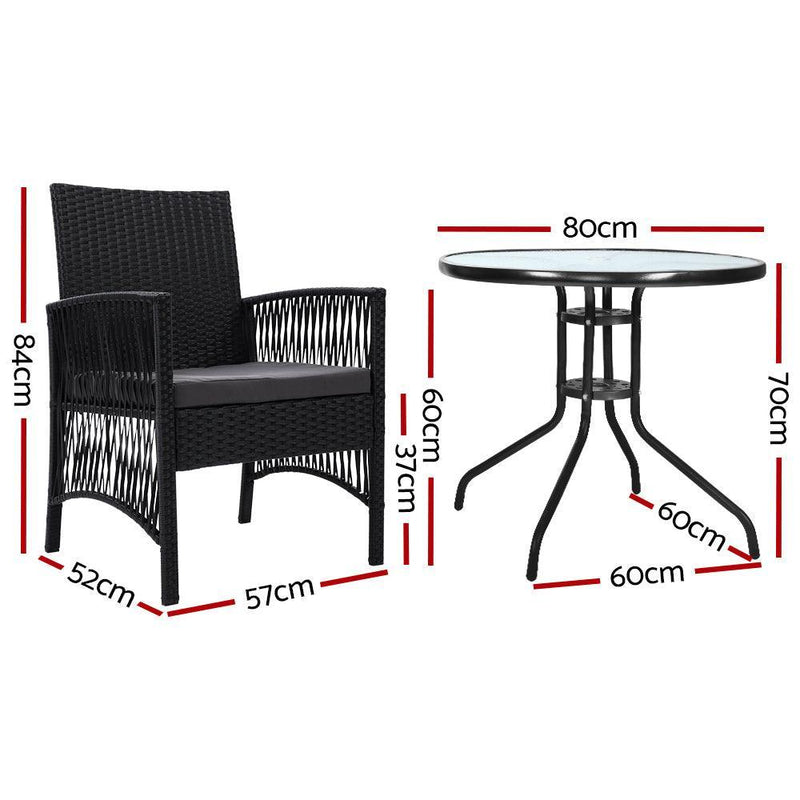 Gardeon Outdoor Furniture Dining Chairs Rattan Garden Patio Cushion Black 3PCS Tea Coffee Cafe Bar Set - John Cootes