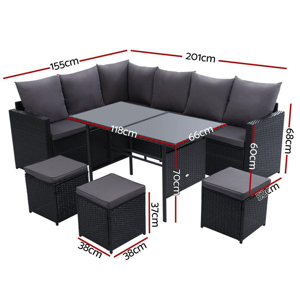 Gardeon Outdoor Furniture Dining Setting Sofa Set Lounge Wicker 9 Seater Black - John Cootes