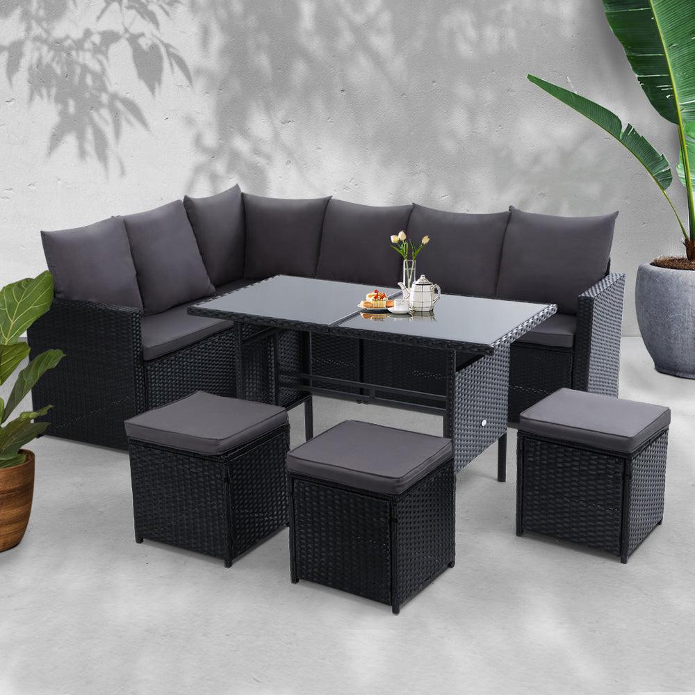 Gardeon Outdoor Furniture Dining Setting Sofa Set Lounge Wicker 9 Seater Black - John Cootes