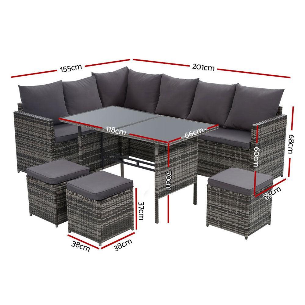 Gardeon Outdoor Furniture Dining Setting Sofa Set Lounge Wicker 9 Seater Mixed Grey - John Cootes