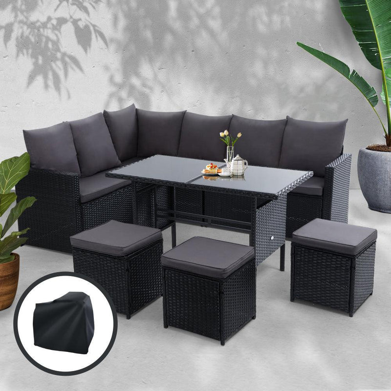 Gardeon Outdoor Furniture Dining Setting Sofa Set Wicker 9 Seater Storage Cover Black - John Cootes