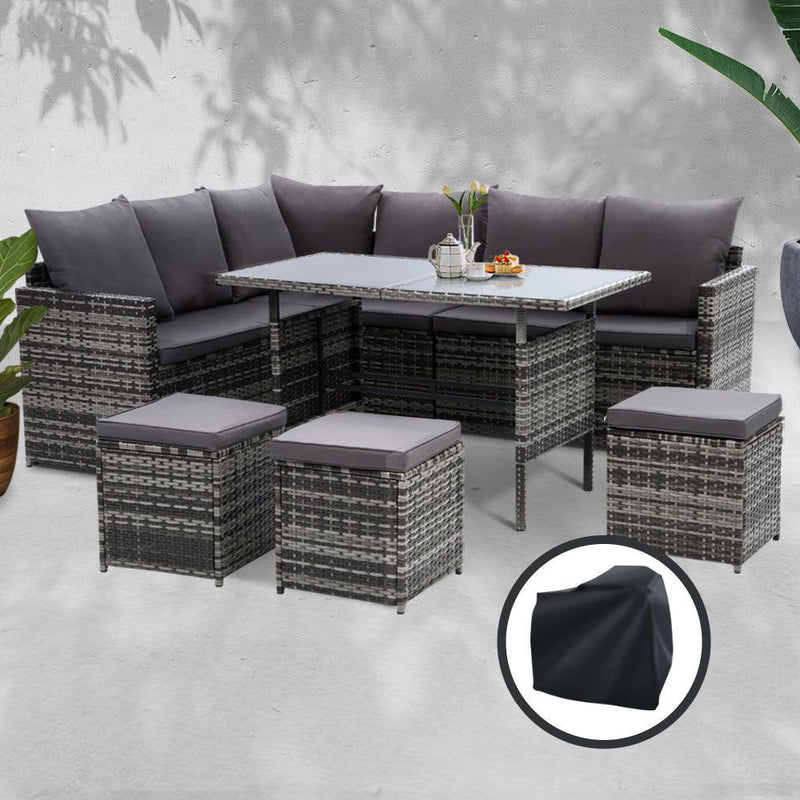 Gardeon Outdoor Furniture Dining Setting Sofa Set Wicker 9 Seater Storage Cover Mixed Grey - John Cootes