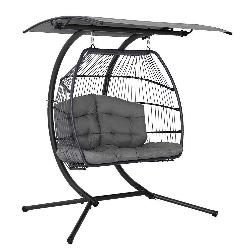 Gardeon Outdoor Furniture Lounge Hanging Swing Chair Egg Hammock Stand Rattan Wicker Grey - John Cootes