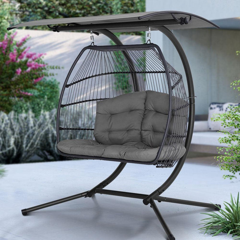 Gardeon Outdoor Furniture Lounge Hanging Swing Chair Egg Hammock Stand Rattan Wicker Grey - John Cootes
