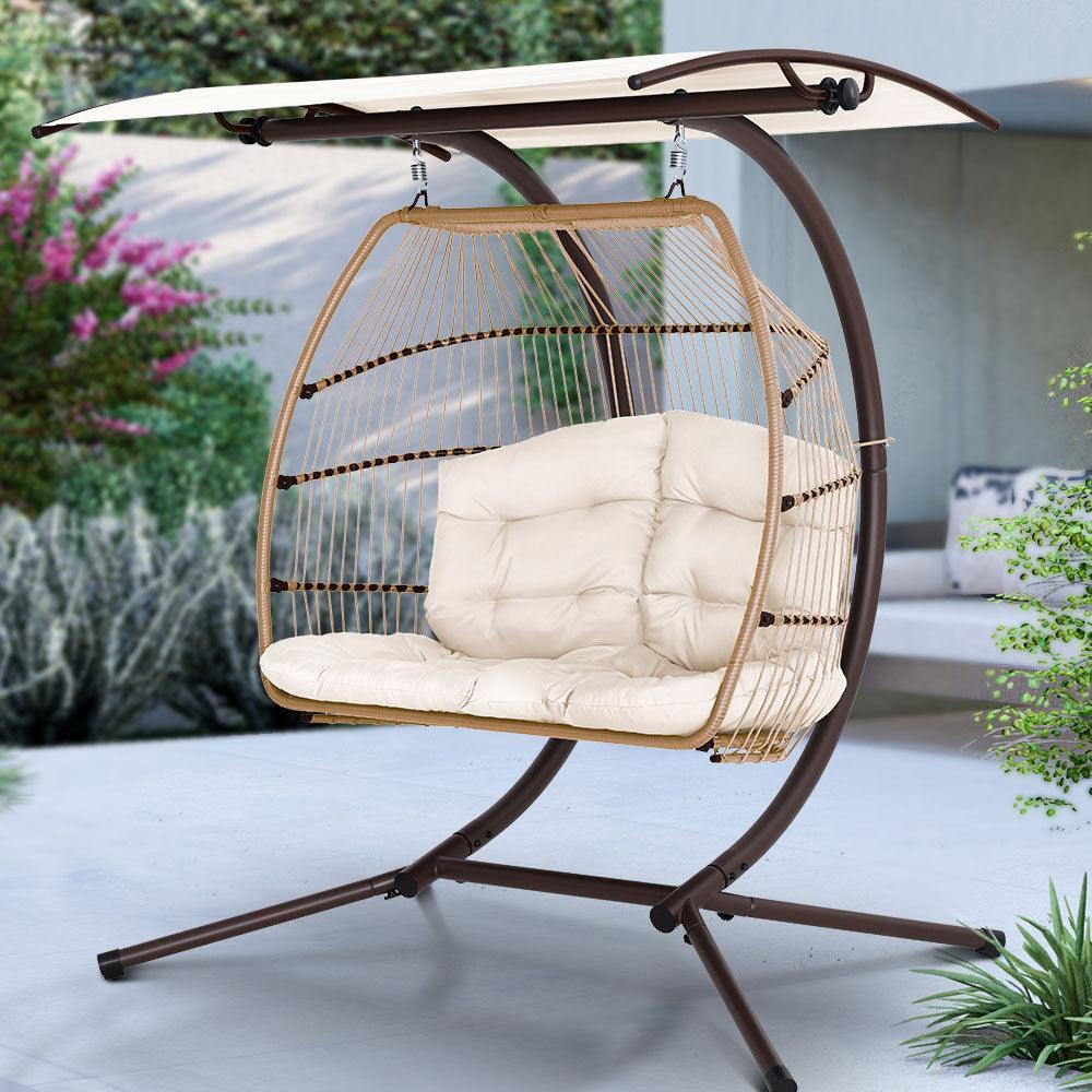 Gardeon Outdoor Furniture Lounge Hanging Swing Chair Egg Hammock Stand Rattan Wicker Latte - John Cootes