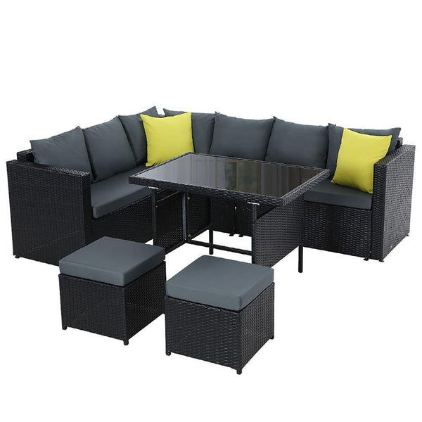 Gardeon Outdoor Furniture Patio Set Dining Sofa Table Chair Lounge Wicker Garden Black - John Cootes