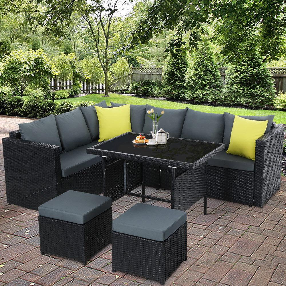 Gardeon Outdoor Furniture Patio Set Dining Sofa Table Chair Lounge Wicker Garden Black - John Cootes