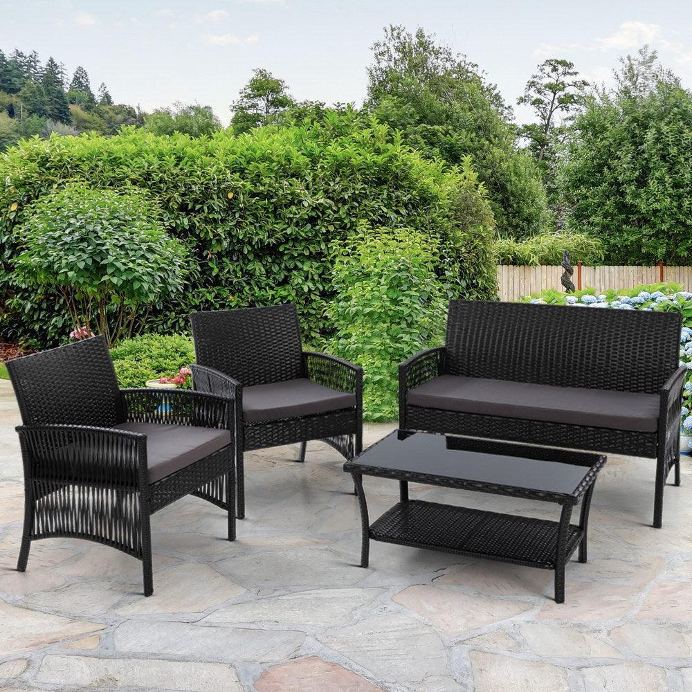 Gardeon Outdoor Furniture Rattan Set Wicker Cushion 4pc Black - John Cootes