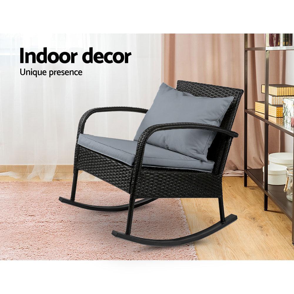 Gardeon Outdoor Furniture Rocking Chair Wicker Garden Patio Lounge Setting Black - John Cootes