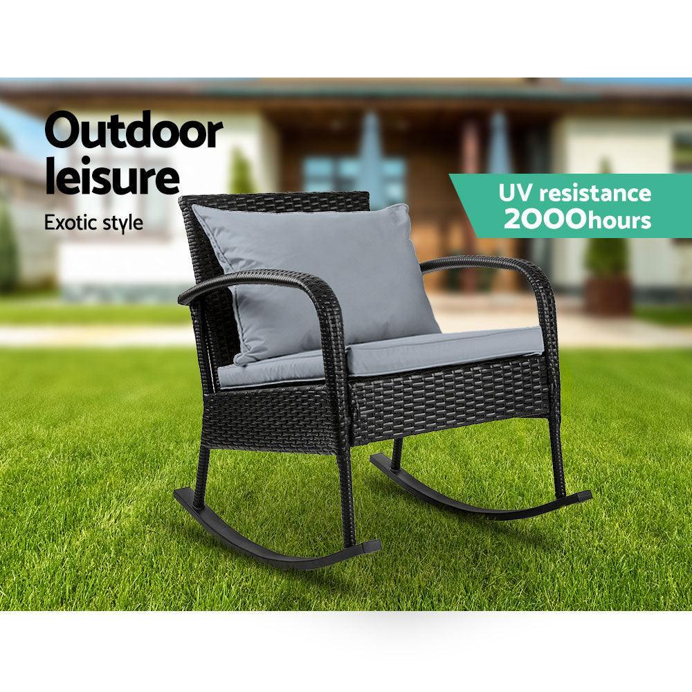 Gardeon Outdoor Furniture Rocking Chair Wicker Garden Patio Lounge Setting Black - John Cootes