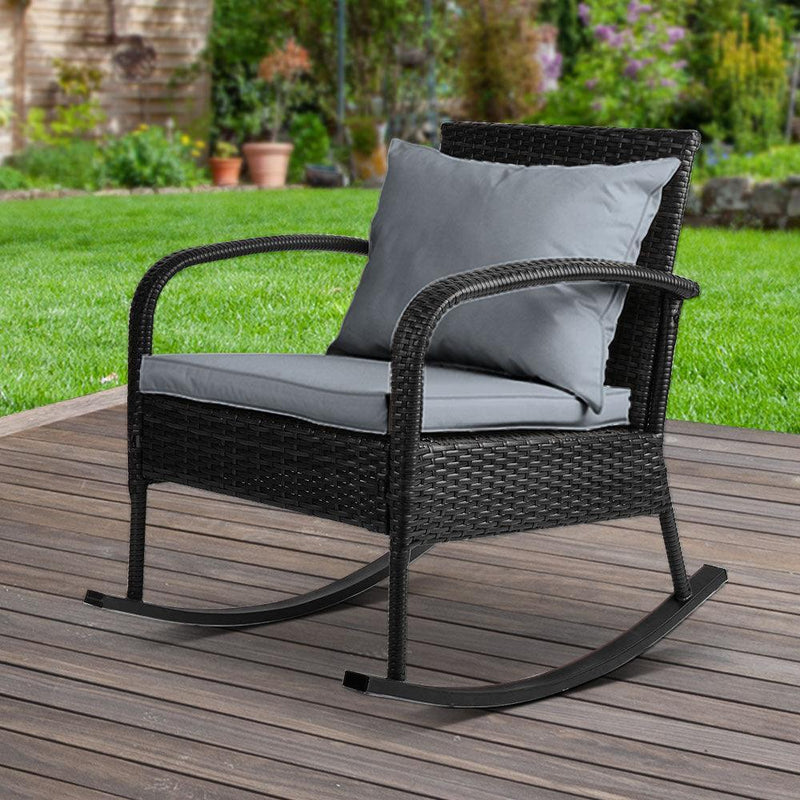 Gardeon Outdoor Furniture Rocking Chair Wicker Garden Patio Lounge Setting Black - John Cootes
