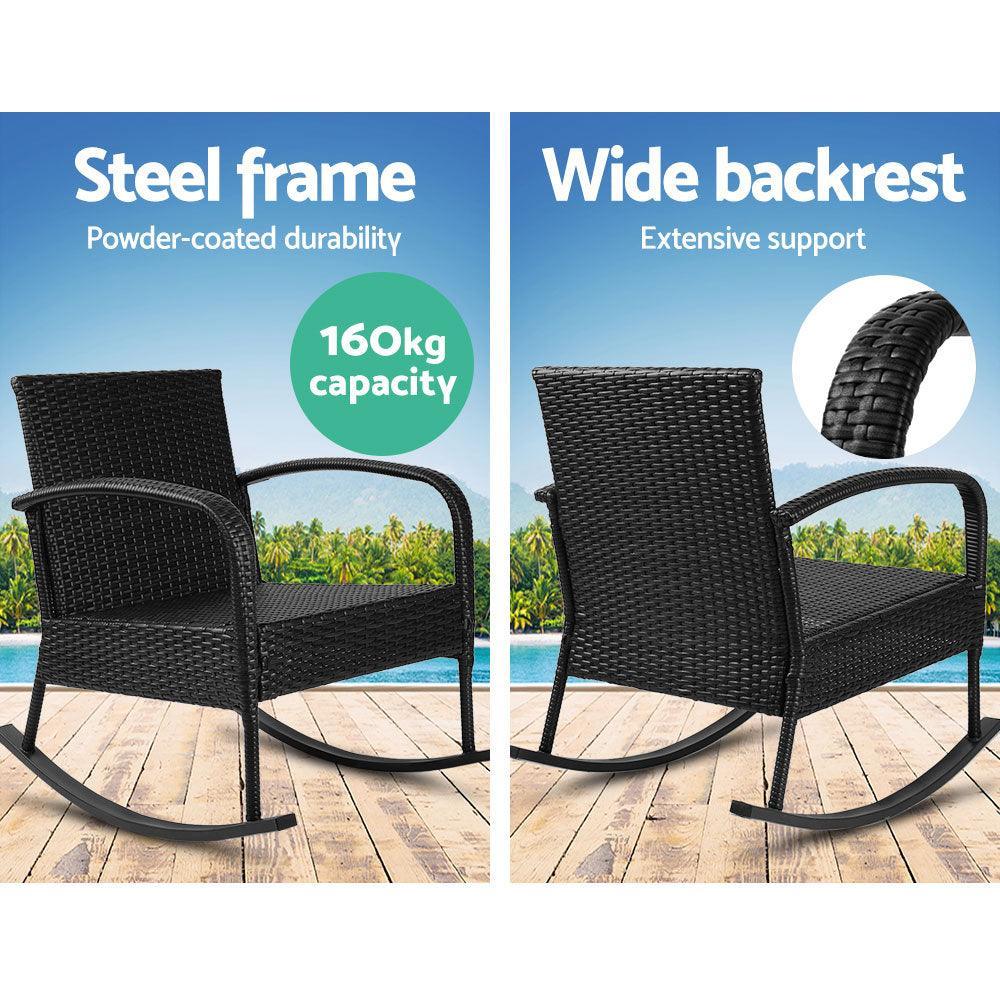 Gardeon Outdoor Furniture Rocking Chair Wicker Garden Patio Lounge Setting Black - John Cootes