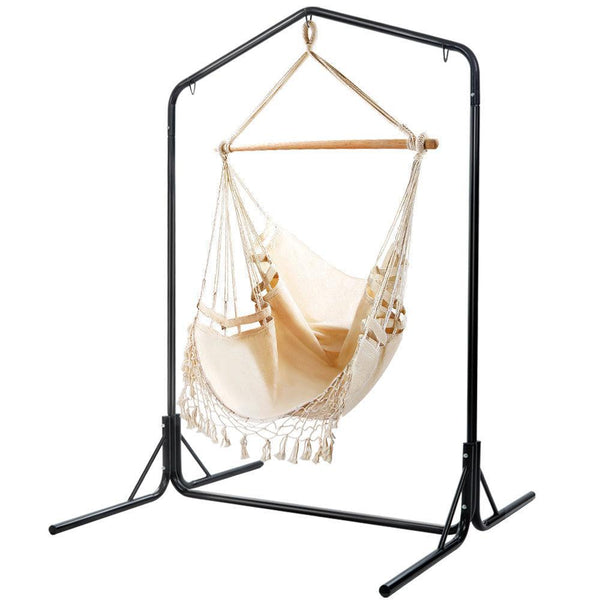 Gardeon Outdoor Hammock Chair with Stand Tassel Hanging Rope Hammocks Cream - John Cootes