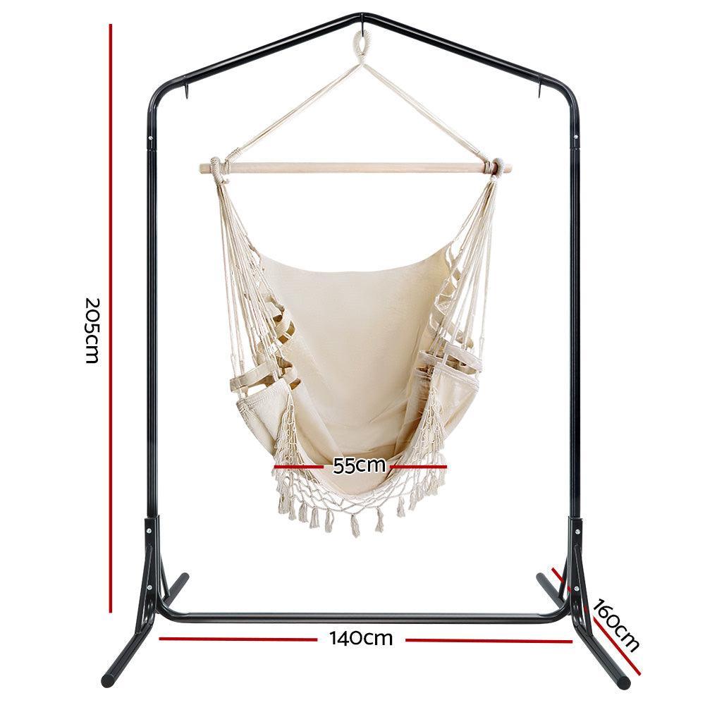 Gardeon Outdoor Hammock Chair with Stand Tassel Hanging Rope Hammocks Cream - John Cootes