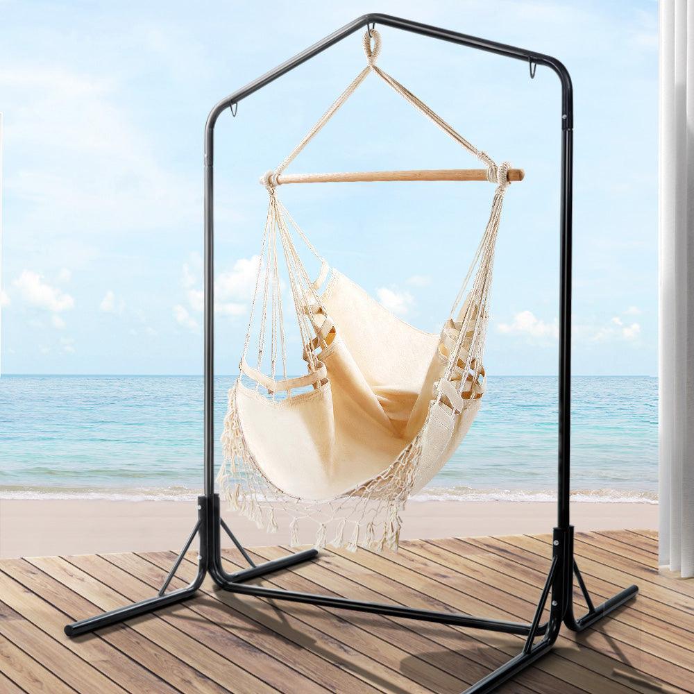 Gardeon Outdoor Hammock Chair with Stand Tassel Hanging Rope Hammocks Cream - John Cootes