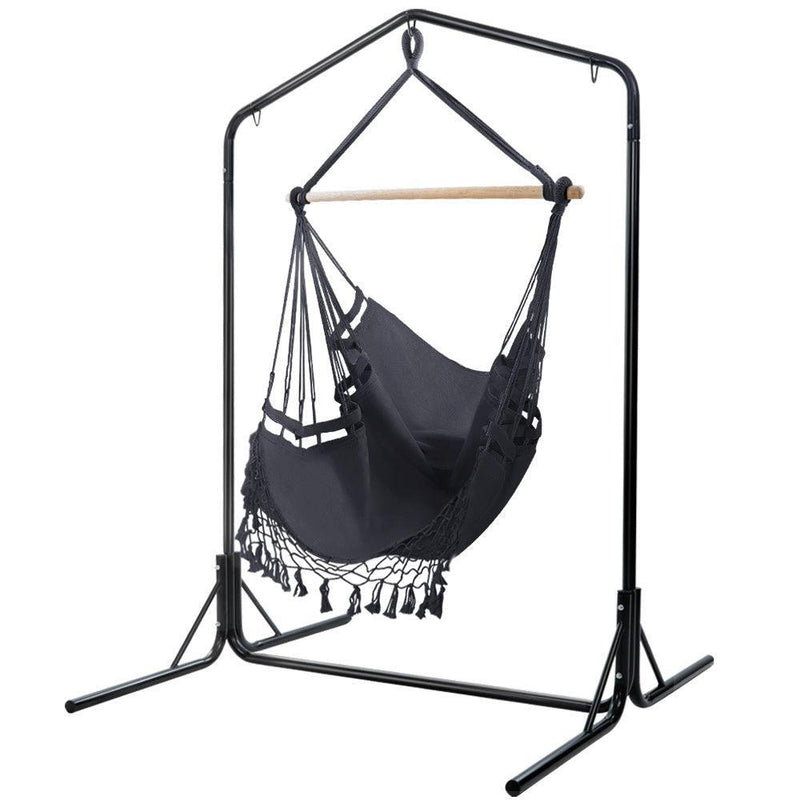 Gardeon Outdoor Hammock Chair with Stand Tassel Hanging Rope Hammocks Grey - John Cootes