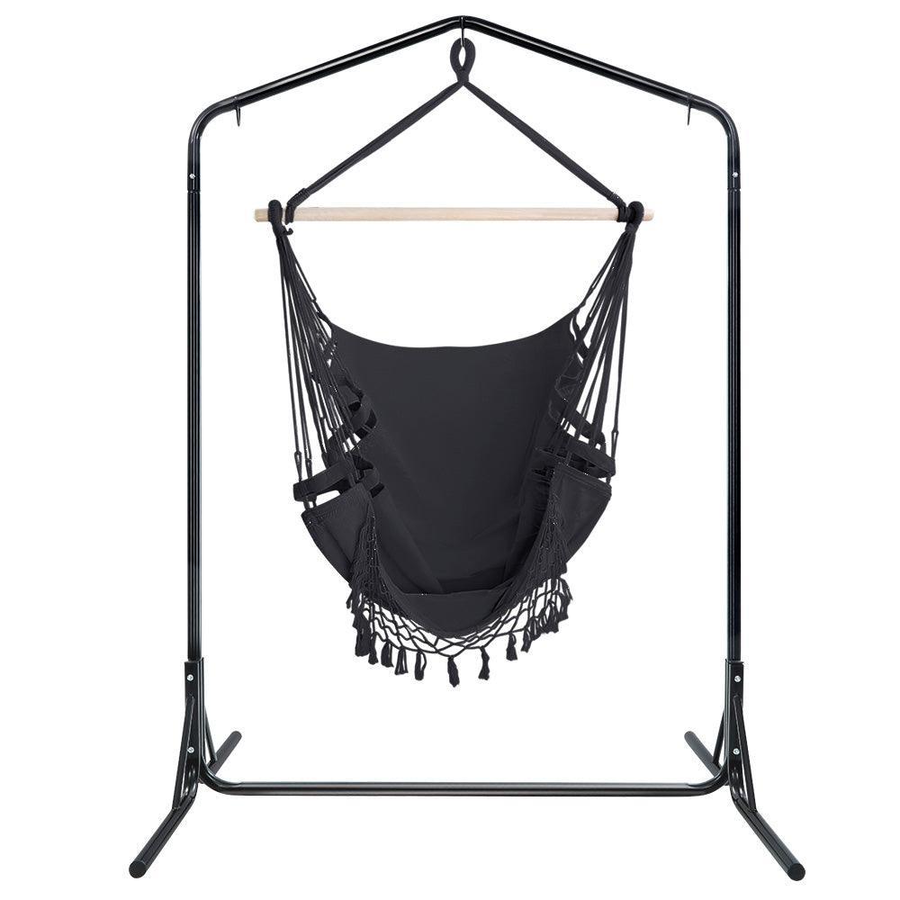 Gardeon Outdoor Hammock Chair with Stand Tassel Hanging Rope Hammocks Grey - John Cootes