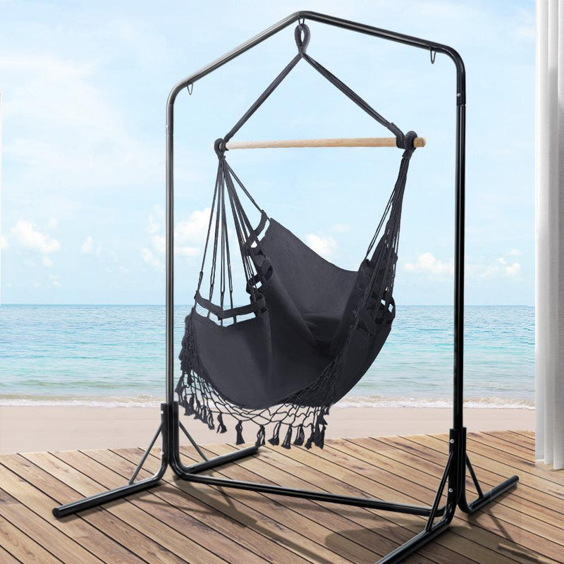 Gardeon Outdoor Hammock Chair with Stand Tassel Hanging Rope Hammocks Grey - John Cootes
