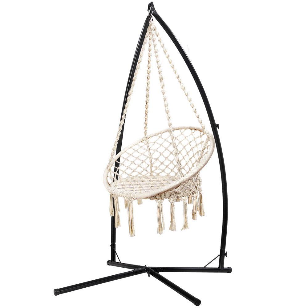 Gardeon Outdoor Hammock Chair with Steel Stand Cotton Swing Hanging 124CM Cream - John Cootes