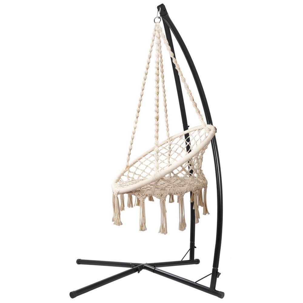 Gardeon Outdoor Hammock Chair with Steel Stand Cotton Swing Hanging 124CM Cream - John Cootes