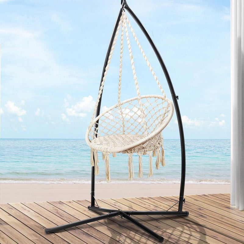 Gardeon Outdoor Hammock Chair with Steel Stand Cotton Swing Hanging 124CM Cream - John Cootes