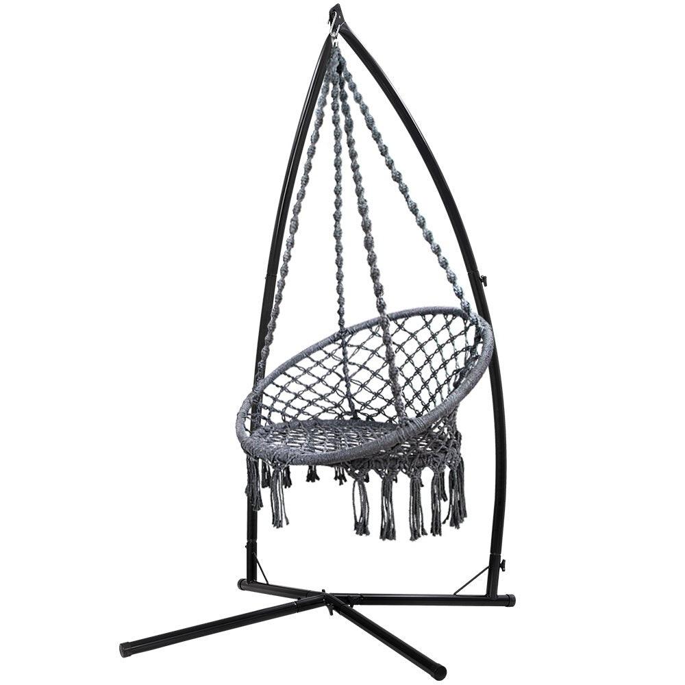 Gardeon Outdoor Hammock Chair with Steel Stand Cotton Swing Hanging 124CM Grey - John Cootes