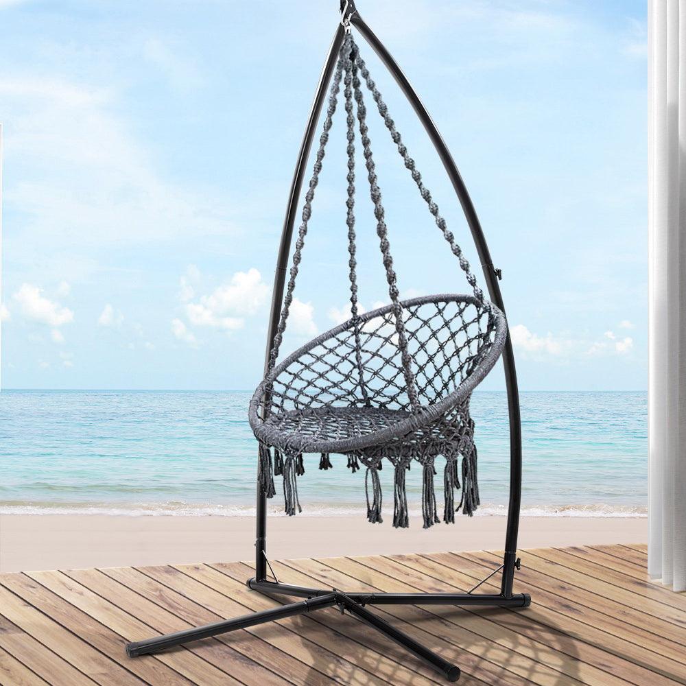 Gardeon Outdoor Hammock Chair with Steel Stand Cotton Swing Hanging 124CM Grey - John Cootes