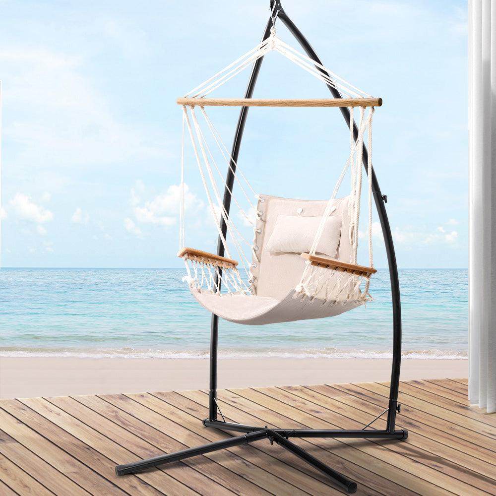 Gardeon Outdoor Hammock Chair with Steel Stand Hanging Hammock Beach Cream - John Cootes