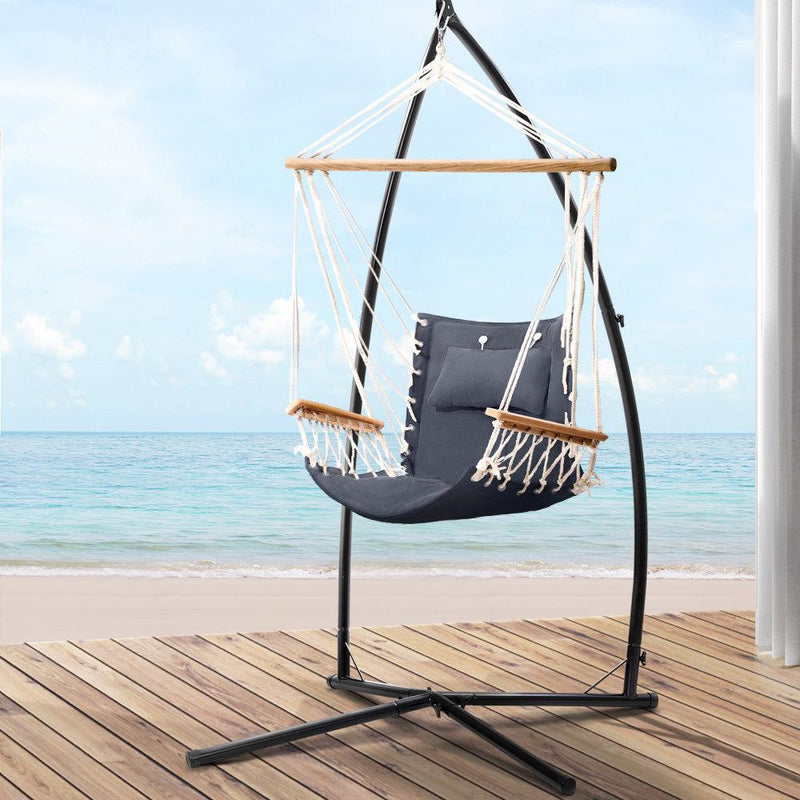 Gardeon Outdoor Hammock Chair with Steel Stand Hanging Hammock Beach Grey - John Cootes